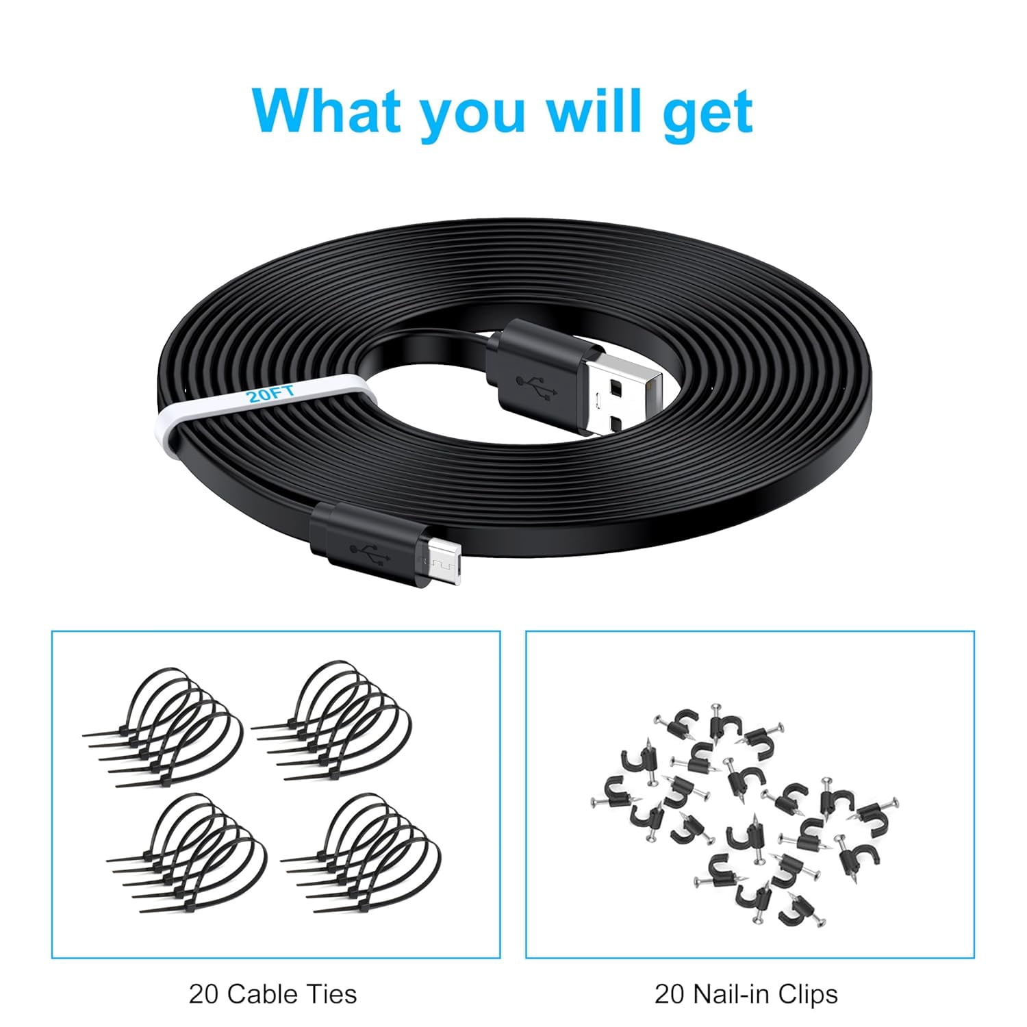 JJEAN-2 Pack 20FT Power Extension Cable,Flat Extension USB to Micro USB Charging Cord,Compatible with Wyze Cam v4/v3/OG/v3 Pro,Blink,Nest Cam Indoor,Fire Kindle(Not for Wyze Cam Pan v3,Not Type-C)