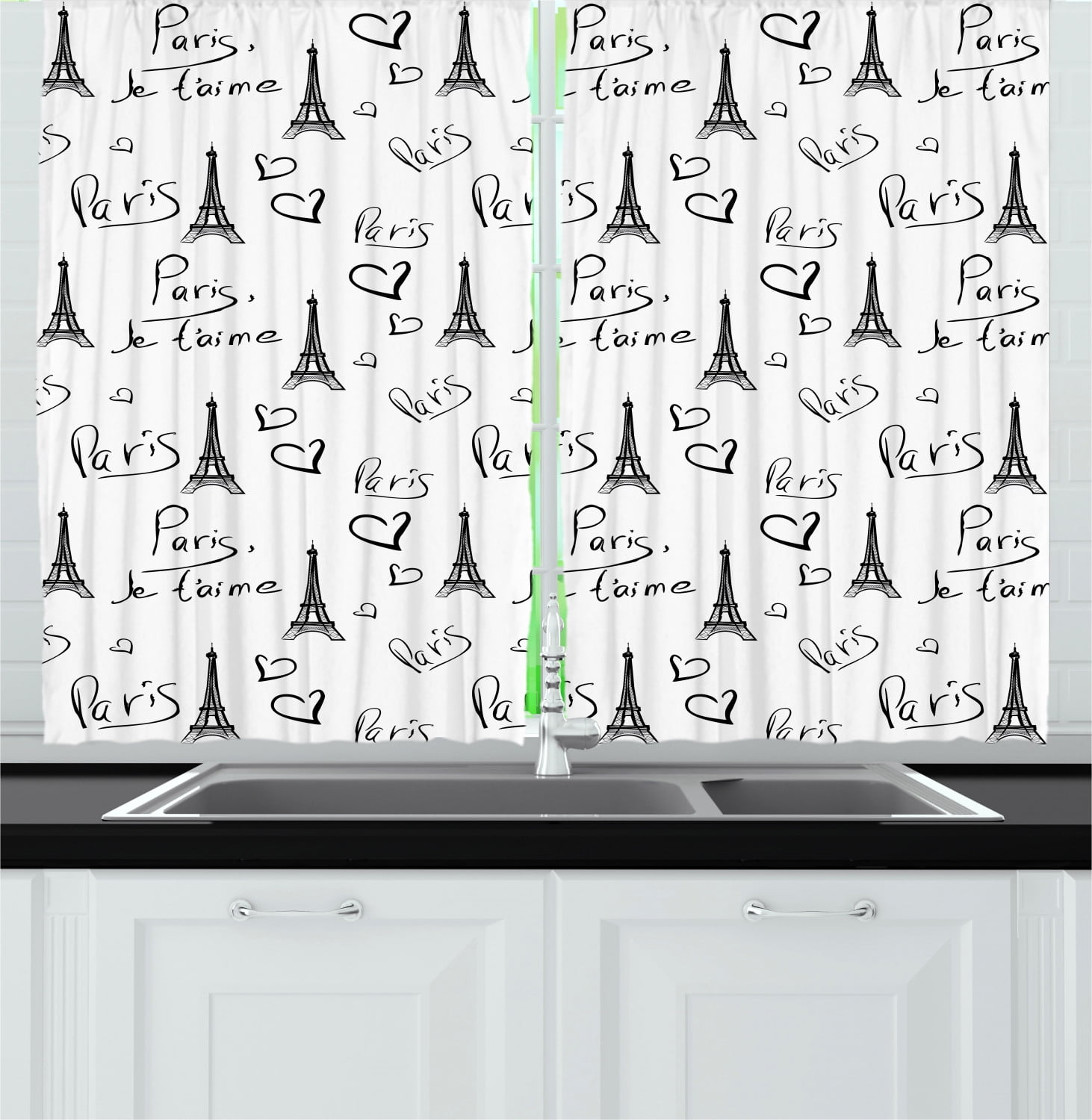 Paris Curtains 2 Panels Set, World Capital City of Love French European Hand Drawn Sketch Eiffel Illustration, Window Drapes for Living Room Bedroom, 55W X 39L Inches, Black White, by Ambesonne