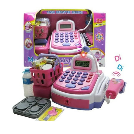 Activity Learning Family Battery Operated Electronic Cash Register Toy Pretend Play Microphone, Scanner, Money and Credit Card, Groceries With Sound