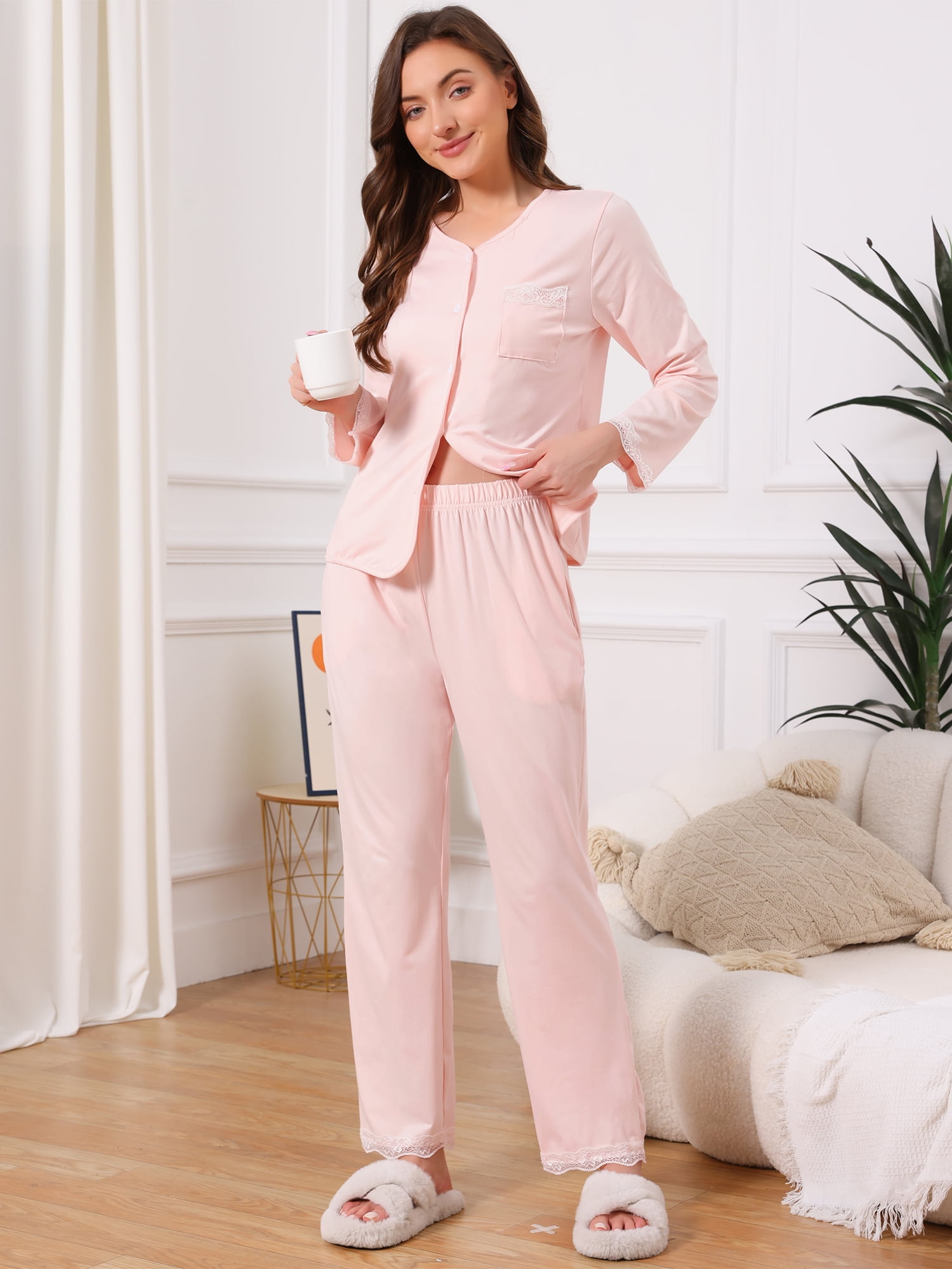DARING DIVA Pajama Sets Lace Trim Elastic Waist Pant Loungewear S Pink