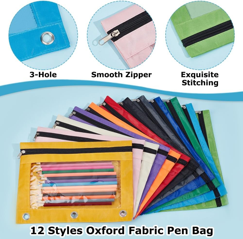 36 Pack Clear Window Pencil Case for Binder Smooth Zipper 3 Ring Binder Pencil Pouch Bulk Zipper Pen Pouch Oxford Fabric Pen Bag Multi-color