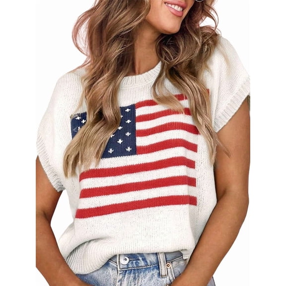 Women'S American Flag Pattern Cap Sleeve Crew Neck Sweater Casual Loose Pullover Cardigan Sweater White M