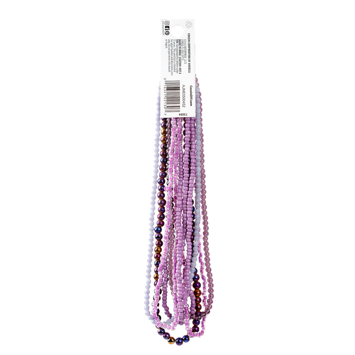 (2 pack) Cousin DIY Unisex Purple/Gray/Pink Glass Seed Bead Strand, 104 Inch, 824 Pieces