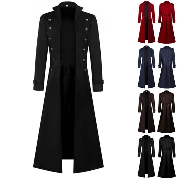 Men Double Breasted Long Overcoat, Stand Collar Trench Coat, Solid Color Vintage Long Jacket