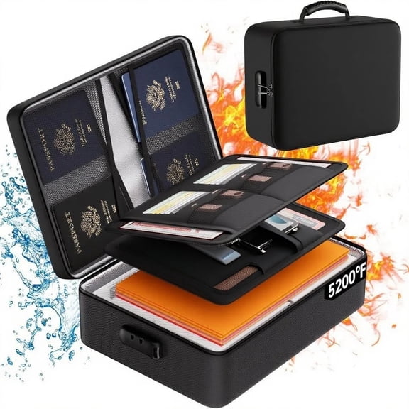 WJJIYR Fireproof Document Bag with Lock, Upgraded Heat Insulated Fireproof Box 8 Layers File Organizer, Portable Home Travel Safe Storage for Important Documents,Passports,Laptop, Black(Soft)