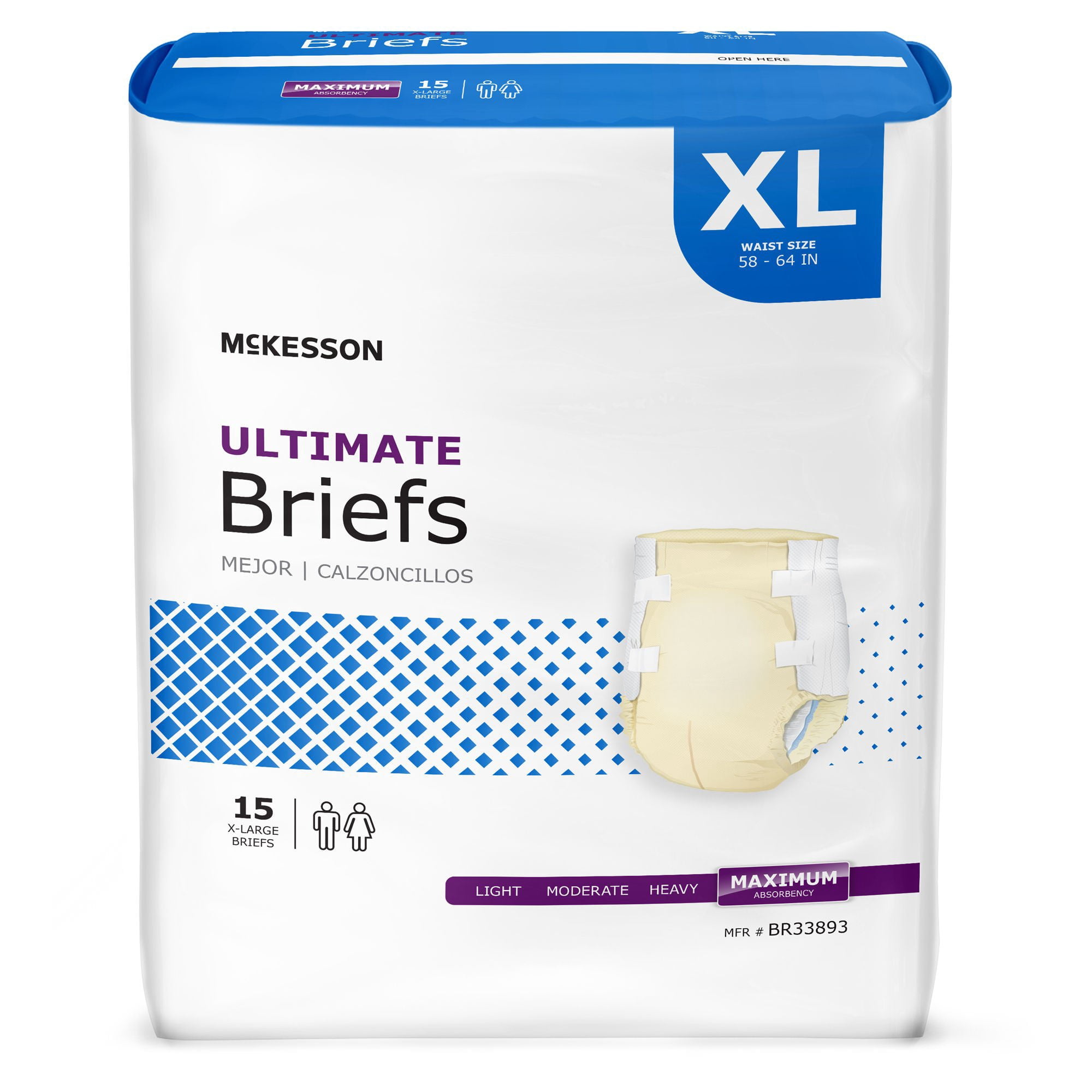 McKesson Ultimate Briefs, Incontinence, Maximum Absorbency, XL, 15 Count, 4 Packs, 60 Total