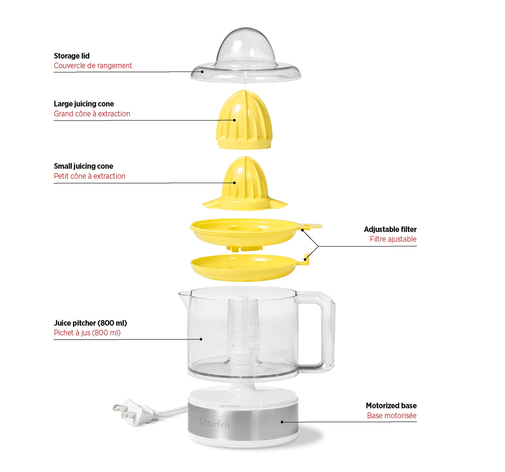 Starfrit Presse-Agrumes Électrique, 800 ml, 2 Tailles de Cônes de Jus, Rotation Automatique, 30 Watts Obtenez un jus frais rapidement avec le presse-agrumes électrique Starfrit. Activation par pression et inversion automatique pour une extraction maximale. Deux cônes pour tous agrumes, pichet anti-gouttes, filtre ajustable. Sans BPA, compact, pièces lavables au lave-vaisselle.