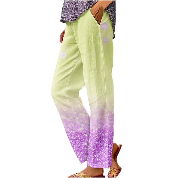Kvture Beach Pants for Women Vacation Casual Boho Linen Pant Fashion Wide Straight Leg Lounge Trousers Purple XXL