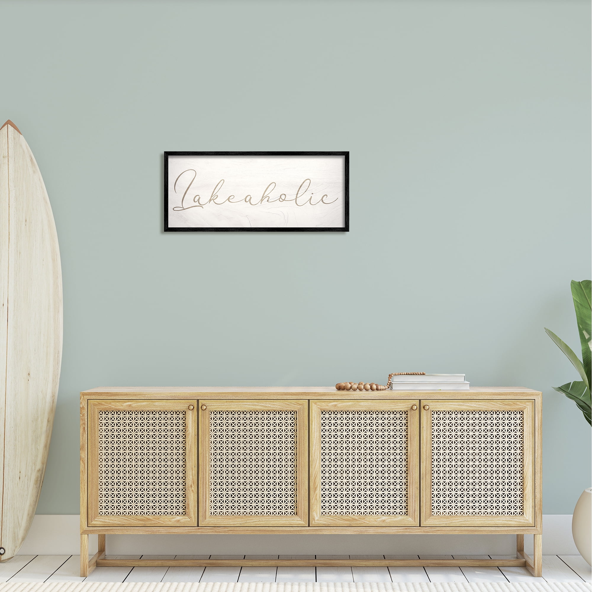 Stupell Industries Lakeaholic Shabby Chic Calligraphy Text Rustic Background Framed Wall Art, 30 x 13, Design by Daphne Polselli