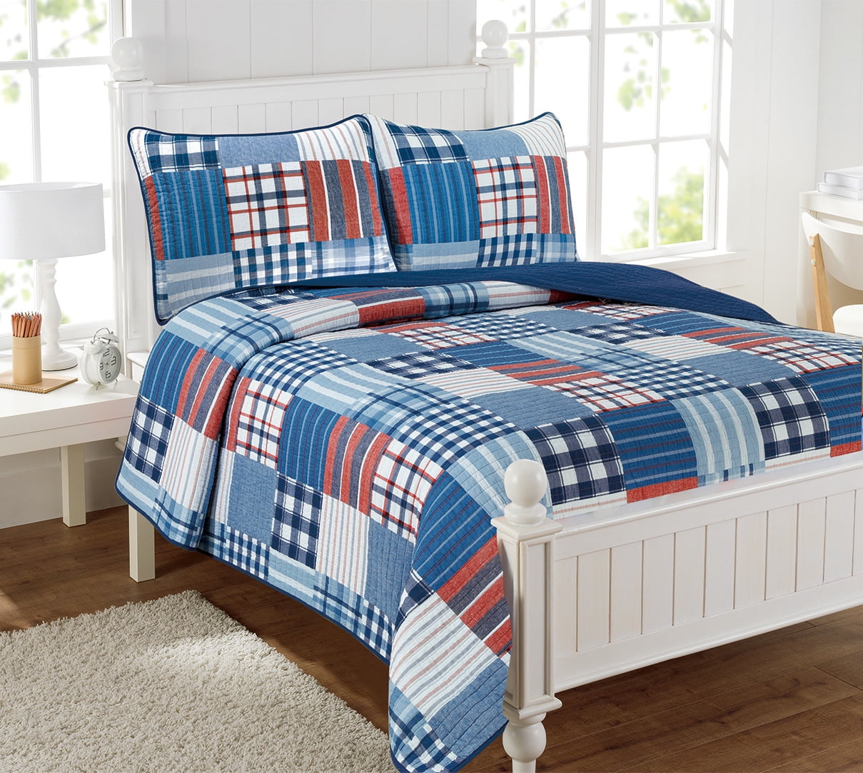 Hudson Plaid Reversible Patchwork Cotton Quilt Bedding Set, Full, Navy