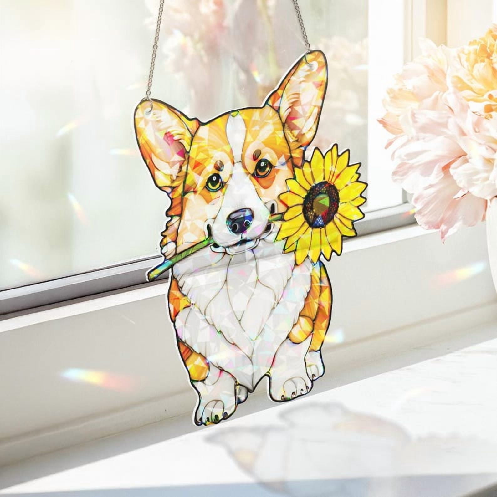 ViciArt Corgi & Sunflower Suncatcher, 4" Holographic Acrylic Window Hanging, Cute Dog Floral Decor