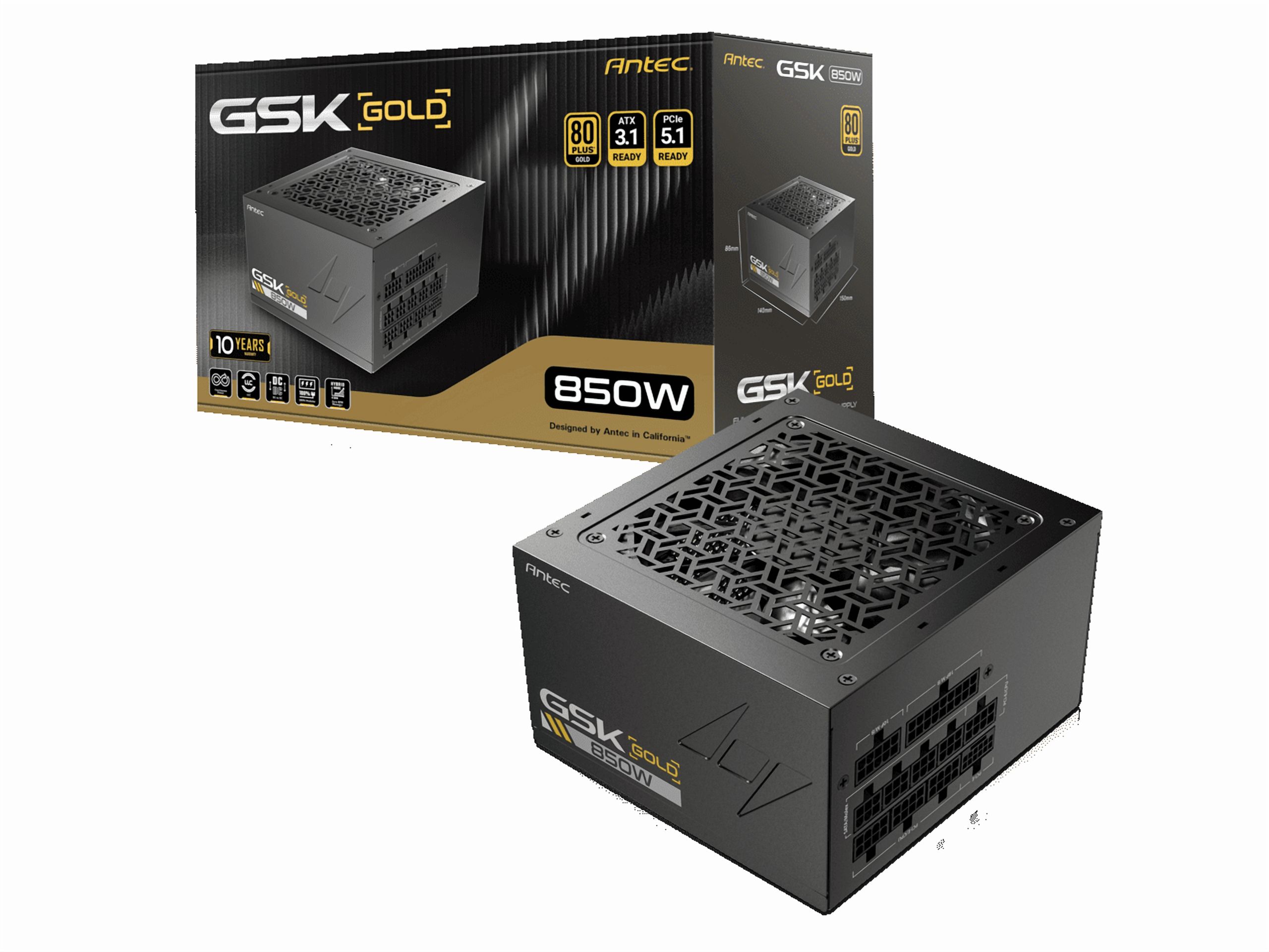ANTEC GSK850 V2 ATX3.1, 750W Full Modular PSU, 80 PLUS Gold Certified, PCIE 5.1 Support, PhaseWave Design, Zero RPM Manager, 120mm Silent Fan, 10-Year Warranty, High-Quality Braided Cable