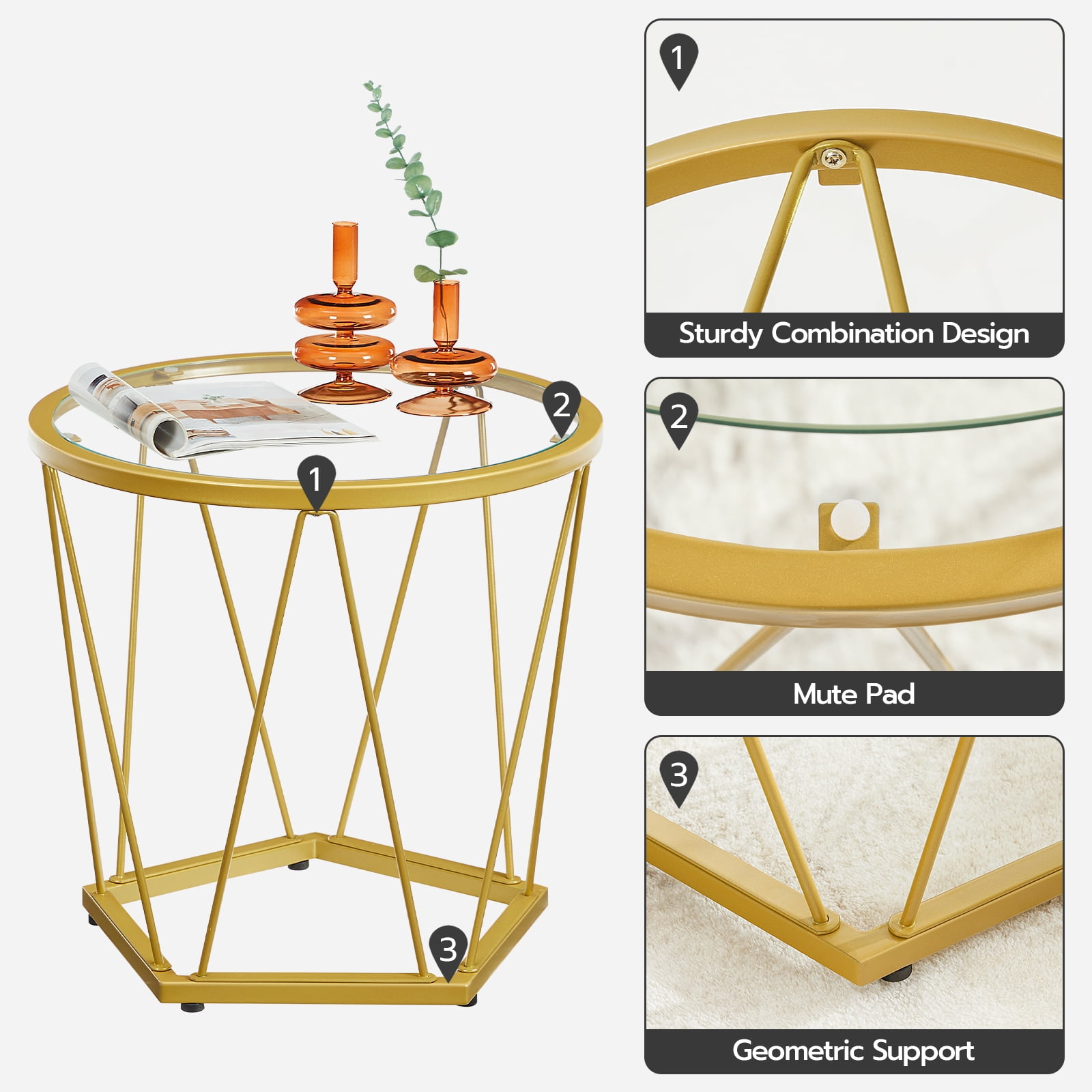 HOOBRO Round Coffee Table Set of 2 Gold End Table Modern Tempered Glass Living Room Bedroom Balcony Yard GD79BZ01