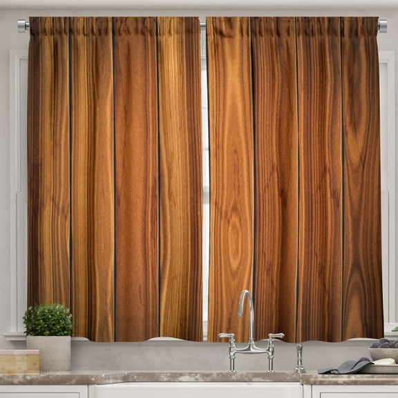 Ambesonne Rustic Kitchen Curtains, Wooden Planks Image, 55"x45", Pale Caramel and Orange