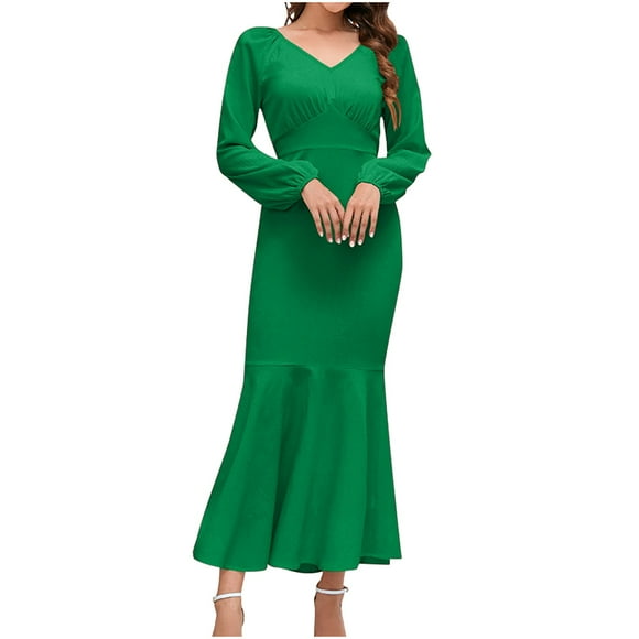 Women's Tea Length Mermaid Dress Solid Color Elegant Casual High Waist Clearance Long Sleeve Spring V Neck Trendy Green M