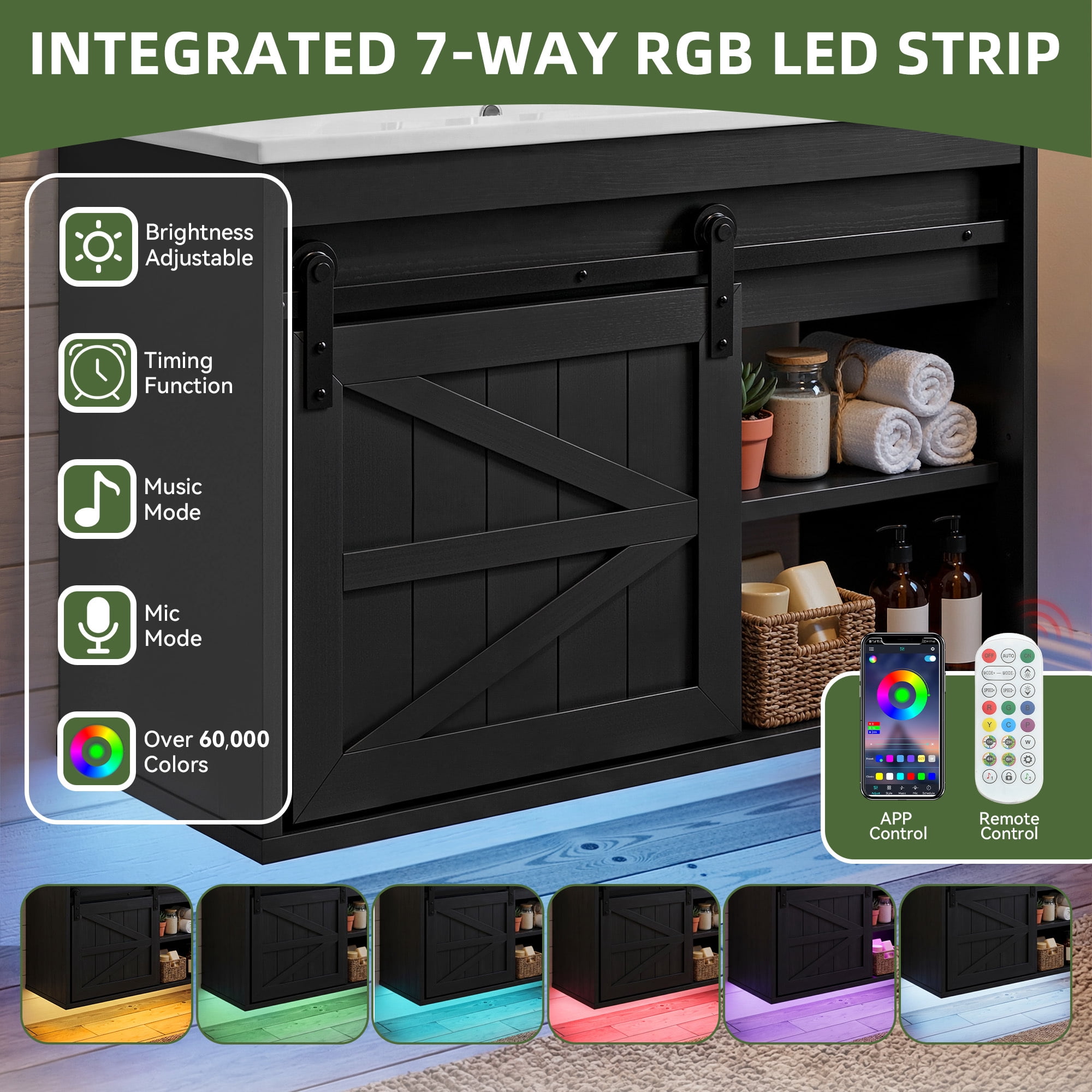 Uforic 24 Inch Farmhouse Floating Bathroom Vanity with Ceramic Sink, 7-Color LED Ambient Light & Sliding Barn Door for Small Compact Bathroom Spaces, Black