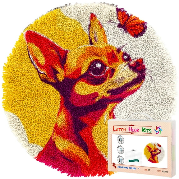 Latch Hook Rug Kit Chihuahua Dog and Butterfly Stamped Handmade Round Shape Carpet Crochet Yarn Craft DIY Hook and Latch Door Mat Tapestry for Christmas Home Floor Decor 50x50cm(2)