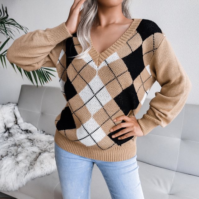 Suéter casual de rombos de estilo universitario de otoño e invierno europeo y americano para mujer