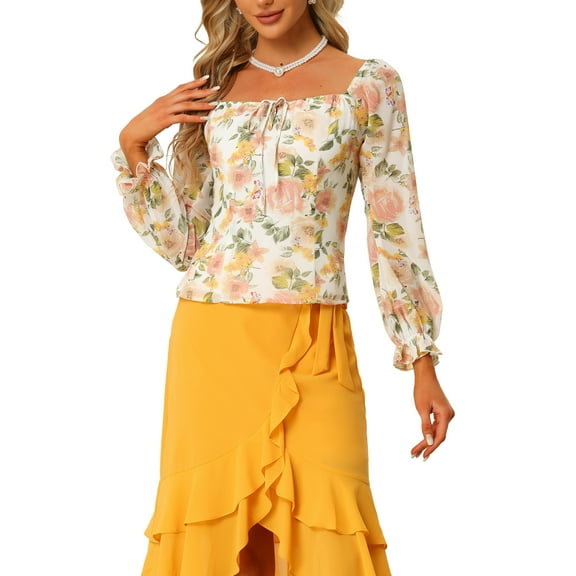 INSPIRE CHIC Women's Floral Smocked Top Elegant Puff Long Sleeve Square Neck Blouse XS Beige