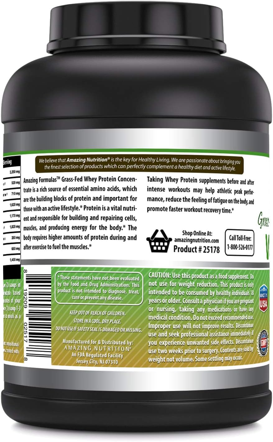 Amazing Formulas Grass-Fed Whey Protein 5Lbs Supplement | Chocolate Flavor | 61 Serving Per Unit | 25 Gram Protein per Serving | Made in USA