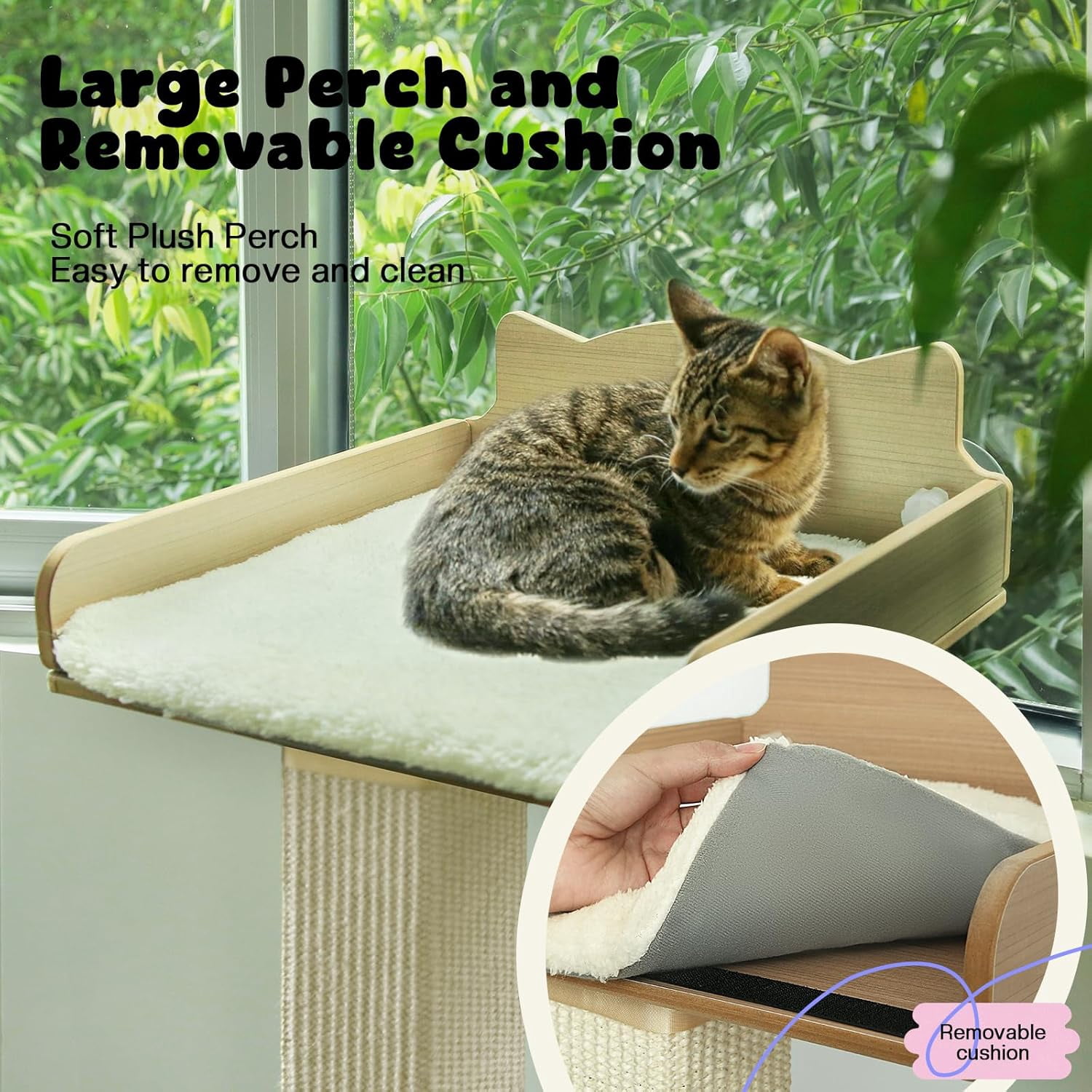 Window Perch with Thick Sisal Scratching Post, Adjustable Tall Cats Hammock Bed with Fluffy Cushion and Suction Cups