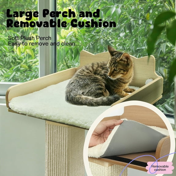 Cat Window Perch with Thick Sisal Scratching Post, Cat Hammock for Window, 53.5" Adjustable Tall Cats Scratching Post with 2 Upgrade Suction Cups, Cats Window Bed with Fluffy Cushion, Sisal