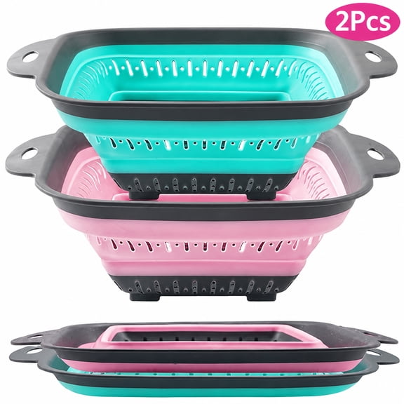 Collapsible Colander Set 2 PCS, Square Silicone Kitchen Strainers and Colanders, Foldable Collapsible Strainers for Kitchen, Food Drainer for Pasta Vegetable Fruit