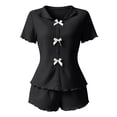 thumbnail image 6 of Bow Button Up Pajamas Set for Women Short Sleeve Ribbed Knit Sleepwear 2 Piece Pjs Shorts Set Black, 6 of 6