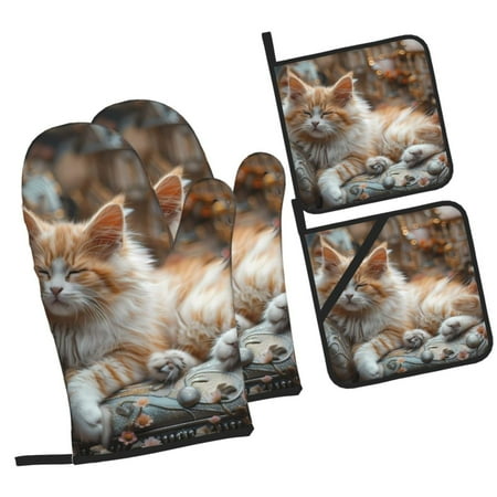 

Balery Serene Kitten Kingdom Pattern Oven Mitts and Pot Holders 4 pcs Set Kitchen Oven Glove High Heat Resistant 500℉ Oven Mitts with Non-Slip Silicone Surface