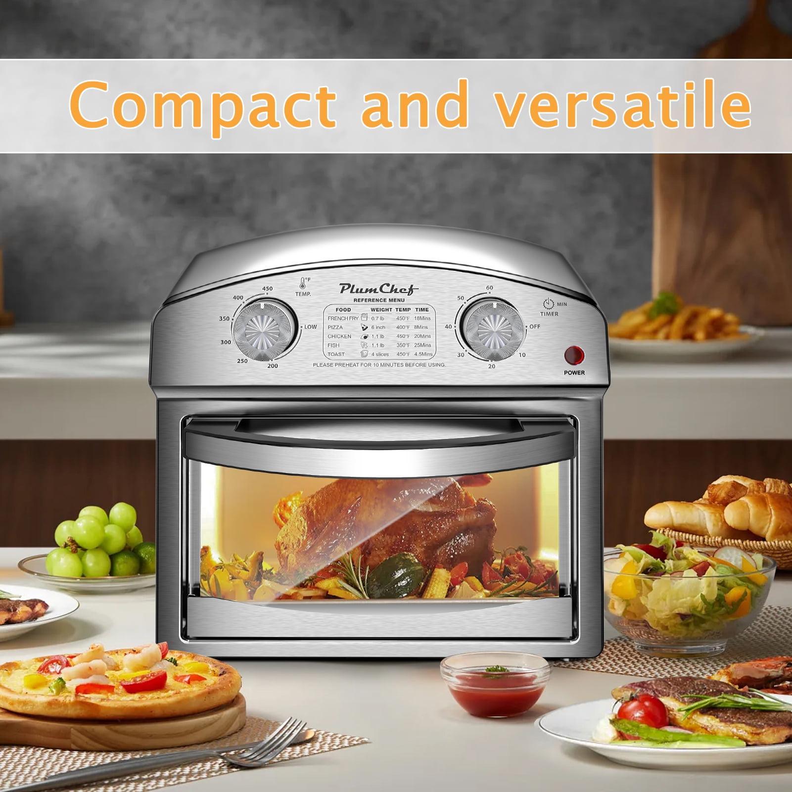 PlumChef 12.5 Quart 4 Slices Air Fryer Convection Toaster Oven, 1500W ,5 Pre-set Menus,  7 in 1 Multifunction with Roast,  Bake, Grill, Broil, Toast, Dehydrate, Defrost, Stainless Steel, Black