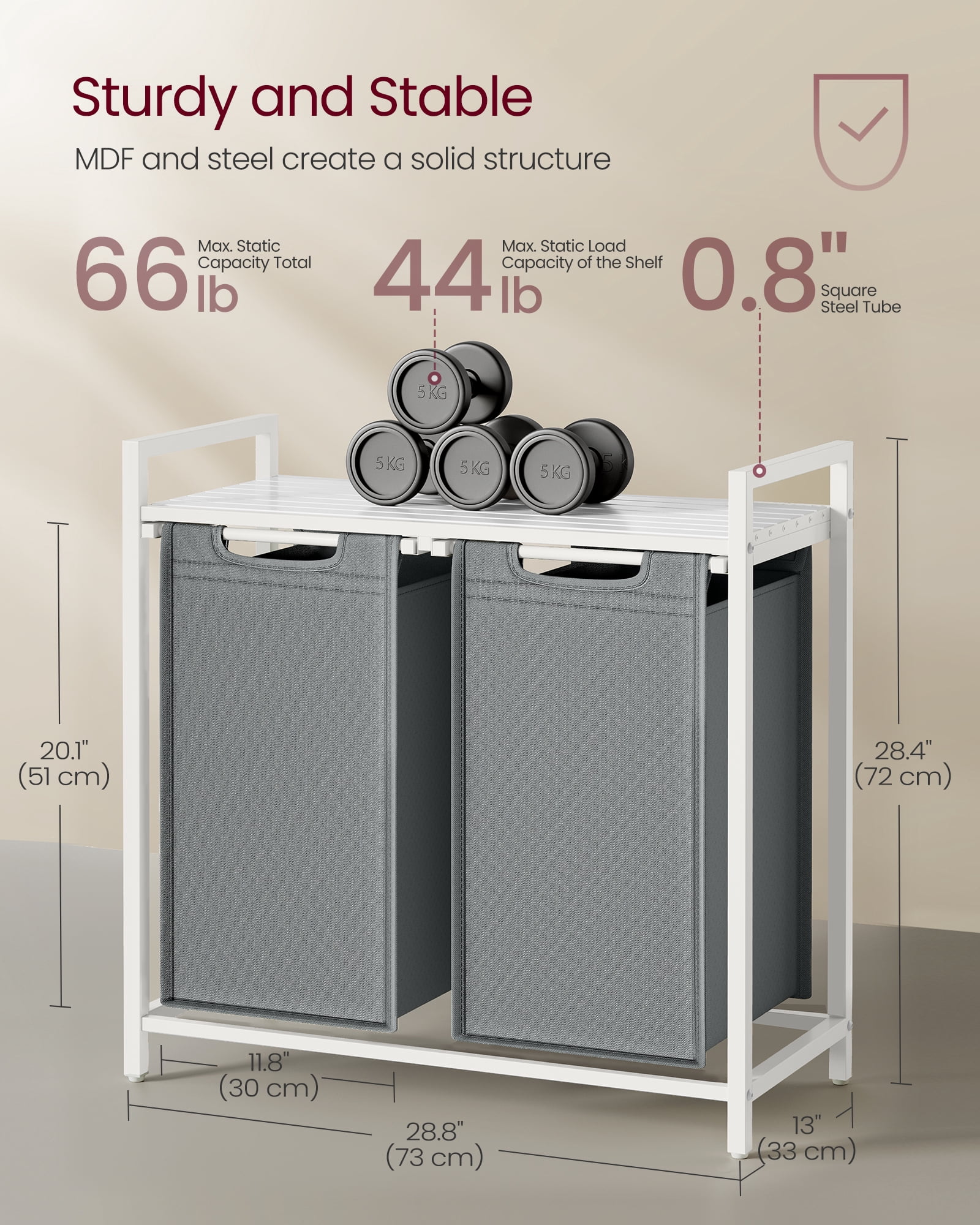 Laundry Hamper, Laundry Basket, Laundry Sorter with 2 Pull-Out and Removable Bags, Shelf, Metal Frame, 2 x 12.1 Gallons
