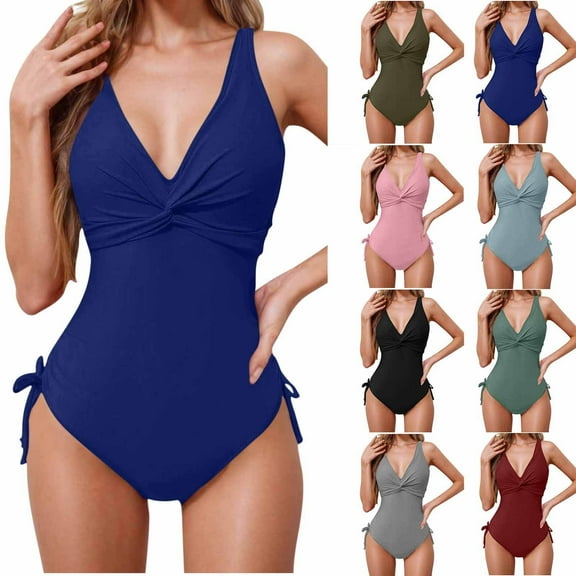 UTSJKR Women's One Piece Swimsuits 2025 Tummy Control Bathing Suits Push Up V Neck Swimwear with Twist Tummy Control Ruched Bikini with Side Ties Army Green XXXL