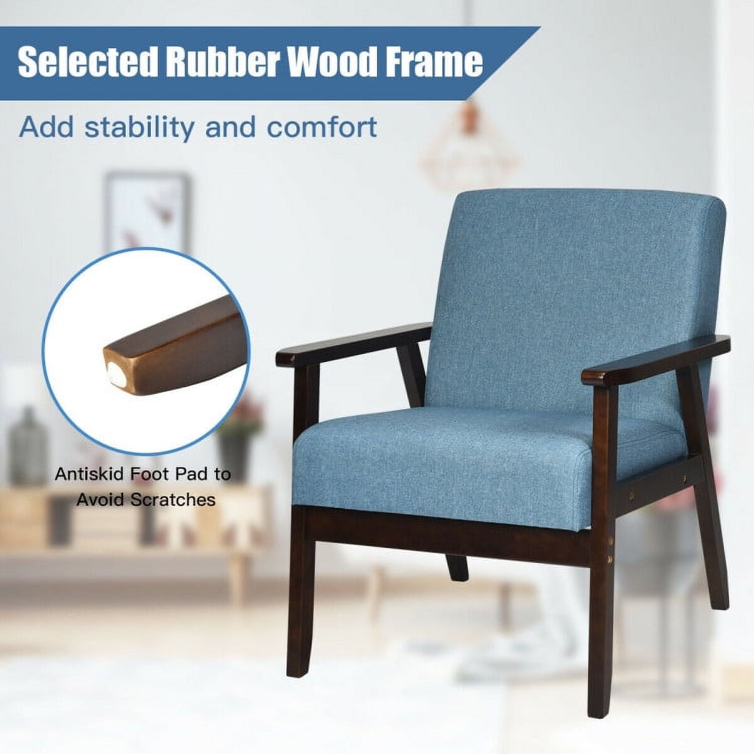 Finihen Mid-Century Modern Accent Chair, Retro Fabric Armchair, Solid Rubber Wood Fabric Accent Armchair, for Living Room, Blue Finihen Mid-Century Modern Accent Chair, Retro Fabric Armchair, Solid Rubber Wood Fabric Accent Armchair, for Living Room, Blue