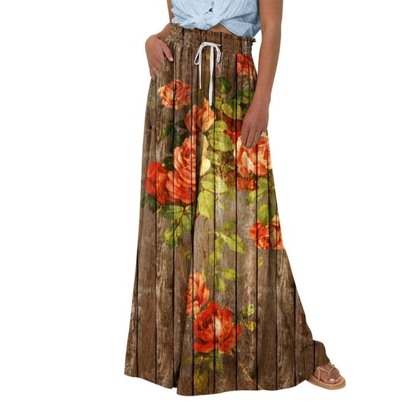 WTOBBY Women's Floral Print High Waist Wide Leg Palazzo Pants Casual Flowy with Pocket,Beach Trousers Great for Summer Festivals, Outdoor Concerts and Warm Weather Celebrations,Brown L
