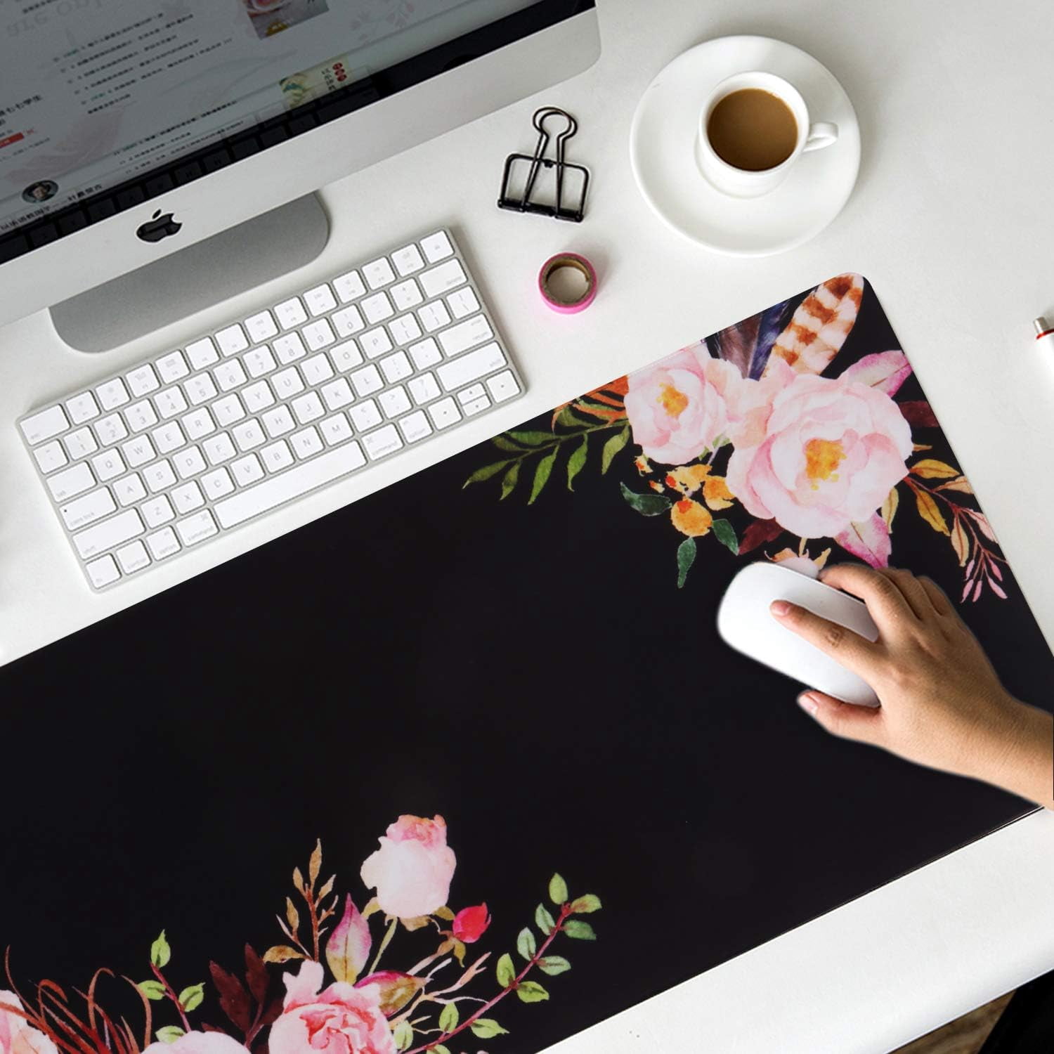 Flower Extended Gaming Mouse Pad - Large Non-Slip Rubber Base Mousepad, Waterproof Keyboard Mat, Stitched Edges, Perfect for Work, Game, Office, Home, 35.4x15.7 Inch