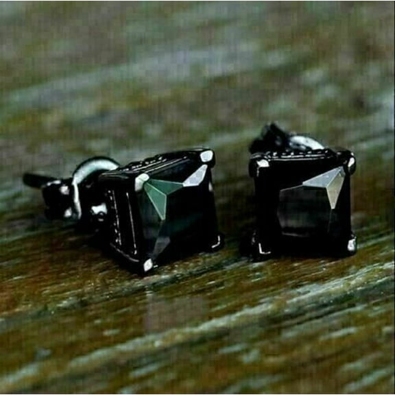 2Ct Lab Created Black Diamond Princess Cut Men's Stud Earrings 14K Black Gold Plated