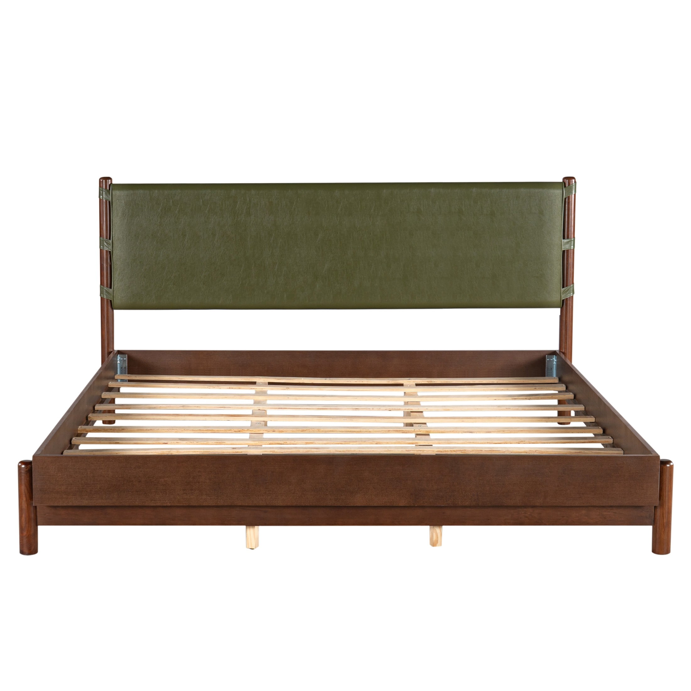 Christopher Knight Home King Modern Wood Platform Bed with PU Upholstered Headboard, Walnut+Olive