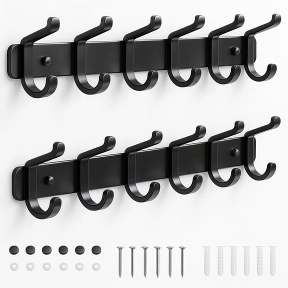 Niffgaff Coat Rack Wall Mounted Heavy-Duty: Metal Coat Hanger 6 Hooks for Hanging Hat, Clothes, Robe, Keys, Backpack, Bathroom Towels, Jacket, Purse - Closet, Door, Entryway, Mudroom (Black, 2 Pack)