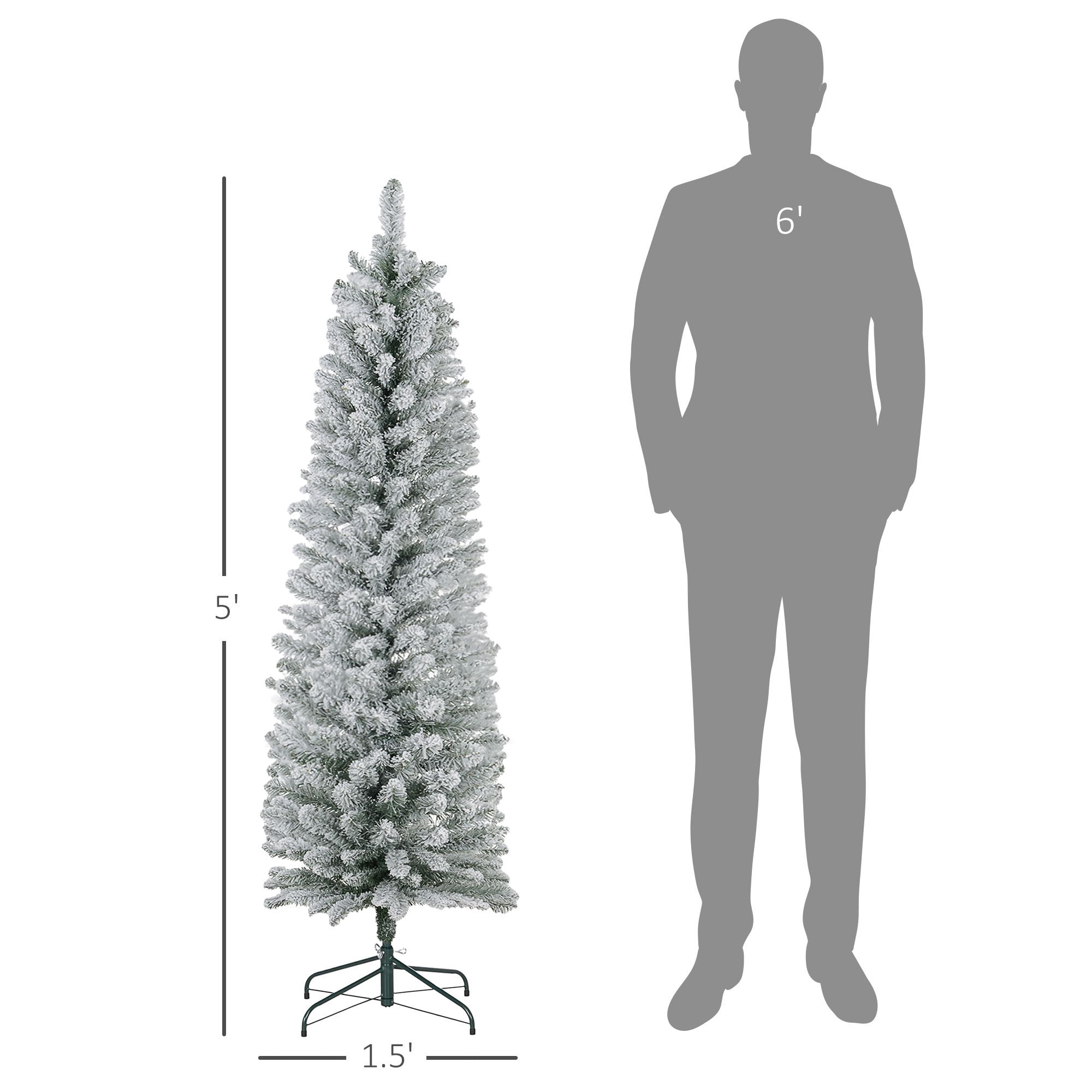 5 ft Artificial Christmas Tree with Snow Flocked Branches, Pencil Design, Metal Base, 263 Tips, Indoor Holiday Decoration