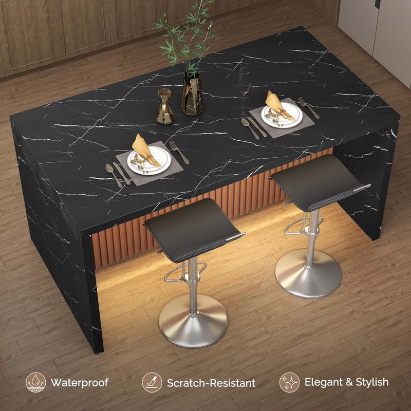 Hawsaiy 67" Modern LED Rectangle Dining Table with Marble-Look Top, 6 Seater Kitchen Island Table with Lights for Home Kitchen Office, Black