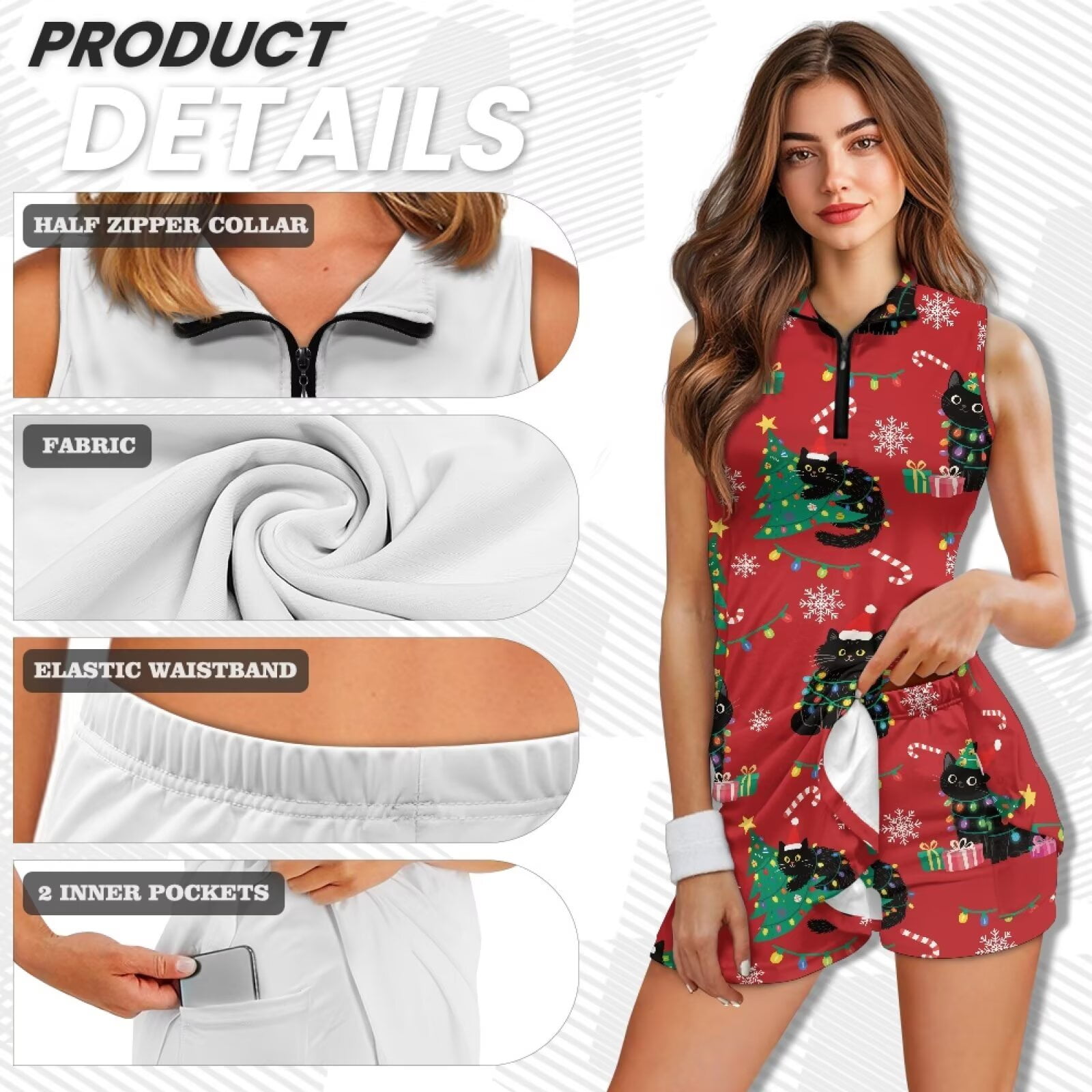 Yuyamidu Black Cat Golf Dress Built-in Shorts with Pockets, Breathable Soft Tennis Tank Dresses Christmas Tree Casual Sleeveless Sport Dress for Women Size S