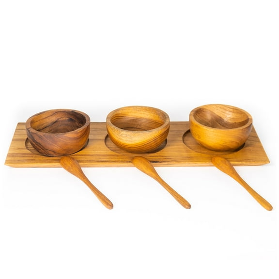Teak Wood Condiment Bowl Set with Tray