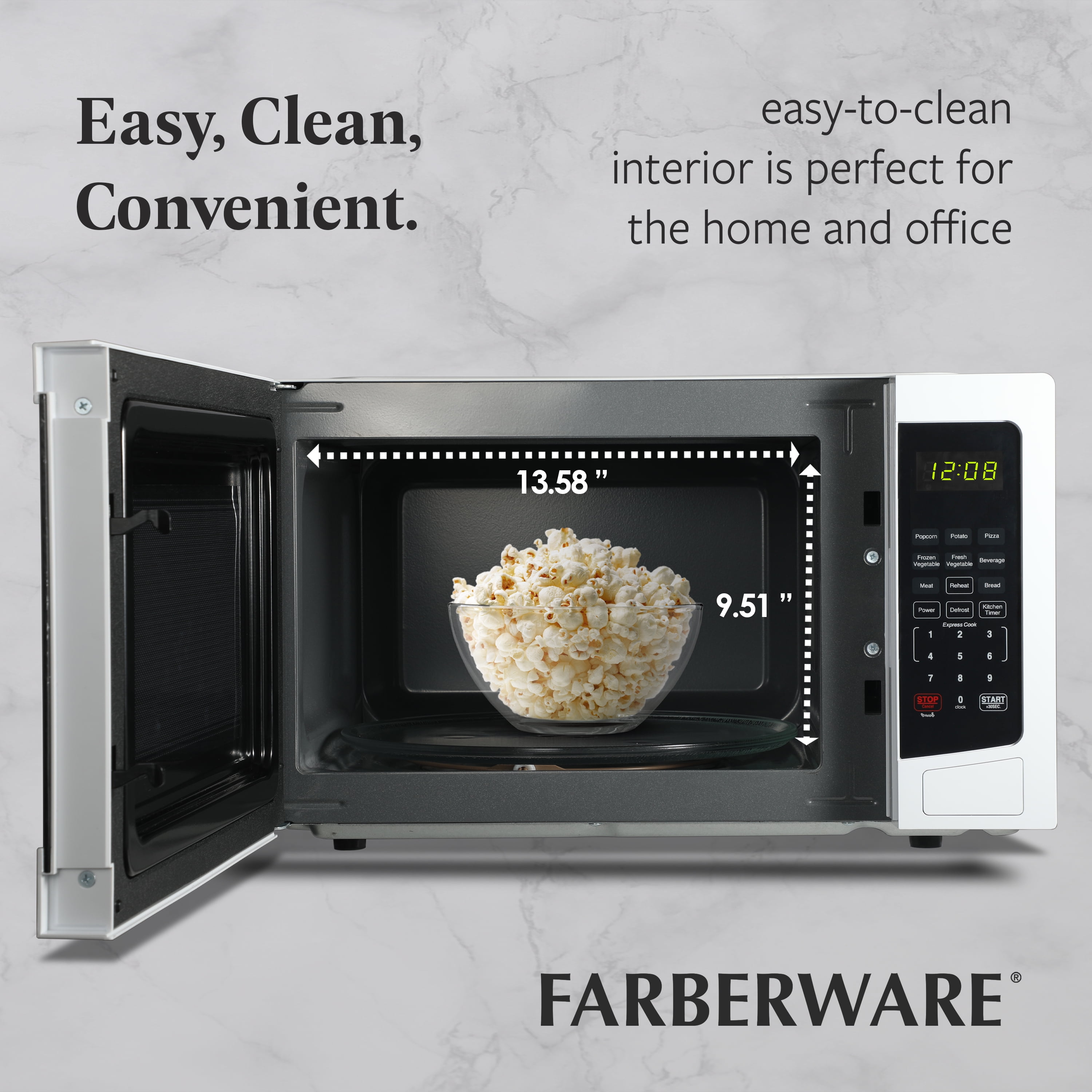 Farberware 1.1 cu ft Microwave Oven, 1000W Countertop Microwave Oven with 8 Auto Cook Programs, White