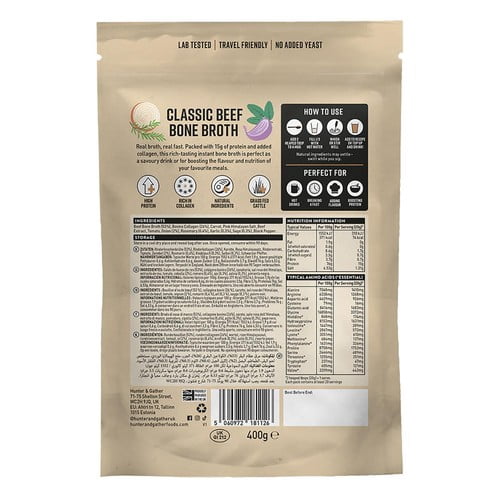 Hunter & Gather Grass-Fed Bone Broth Classic Beef 400g, British Import (Pack of 2)