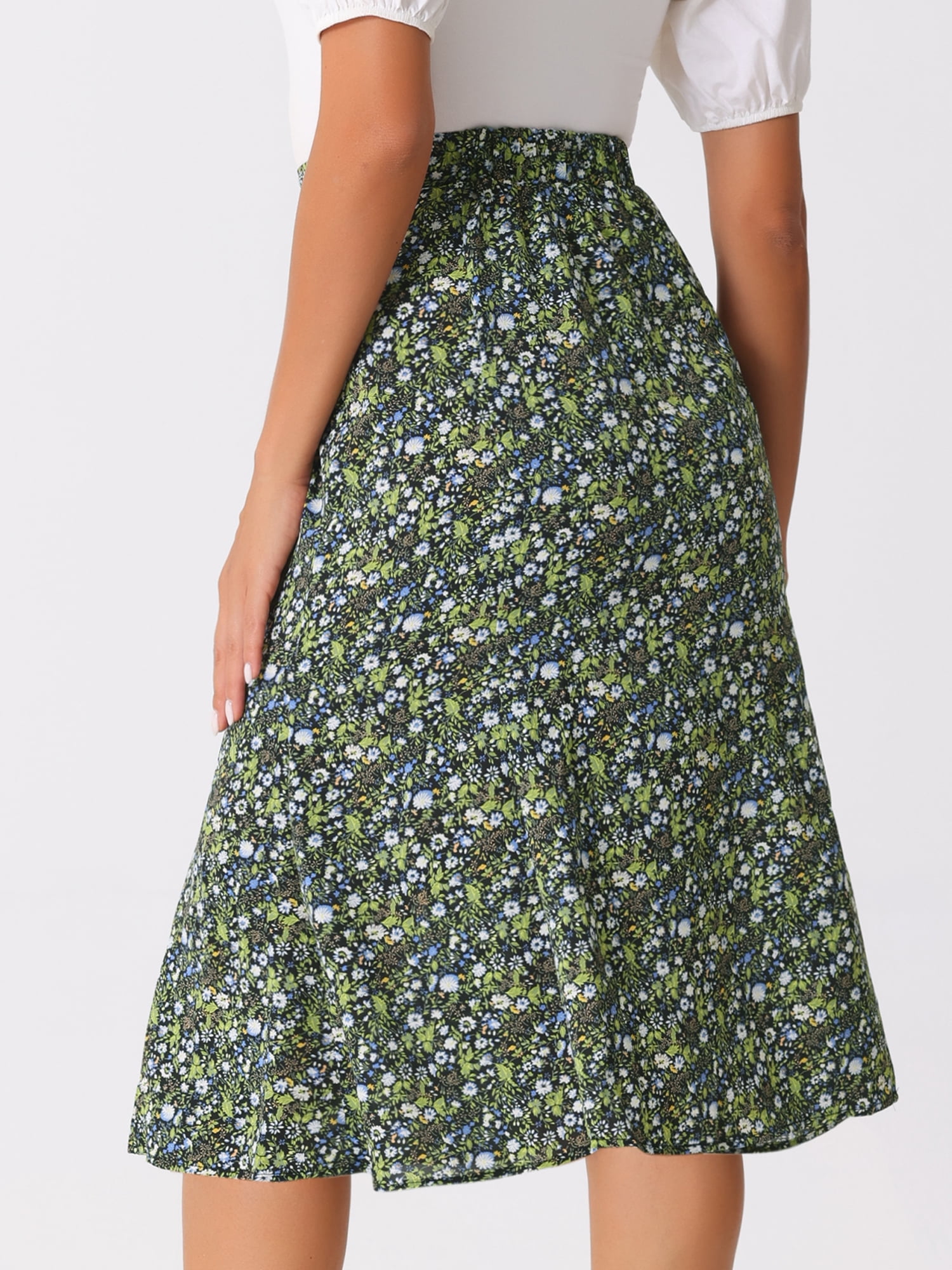 DARING DIVA Women's Elastic Waist A-Line Floral Print Midi Skirt L Black Green
