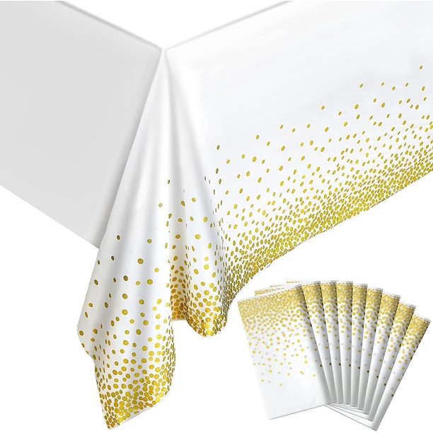 Paquete de 9 manteles de lunares dorados de 54 "x 108" para mesas rectangulares, cubiertas de mesa de fiesta de confeti de puntos desechables de plástico para cumpleaños, Acción de Gracias,