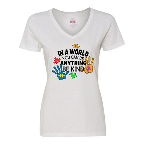 Inktastic In a World You Can Be Anything Be Kind Autism Awareness Women's V-Neck T-Shirt