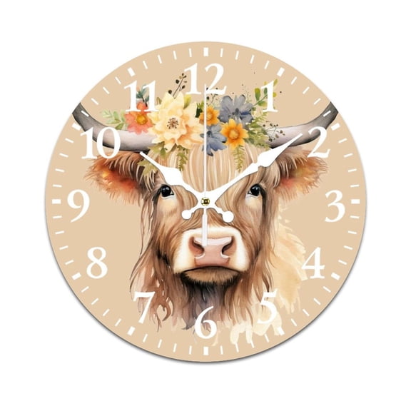 Wall Clock Mute without Ticking-Cute Highland Cow Pattern Funny Living Room and Kitchen Wall Clock, Battery Powered, Suitable for Home/Office/Bedroom/Classroom