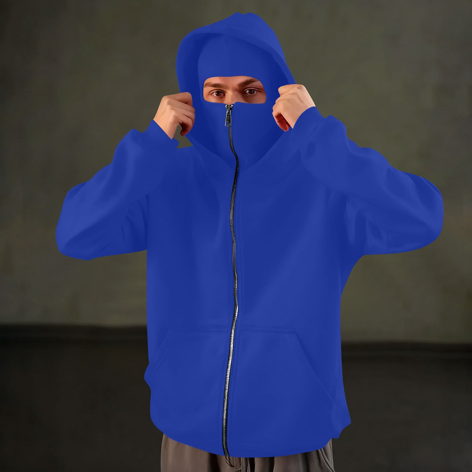 Mens Balaclava Hoodie Winter Double Hooded Zip Jacket Loose Fit Zip Up Fashion Hoodies Jacket Fleece-Lined Hoodie with Built-In Balaclava Wind-Resistant Streetwear Sweatshirt with Ski Mask