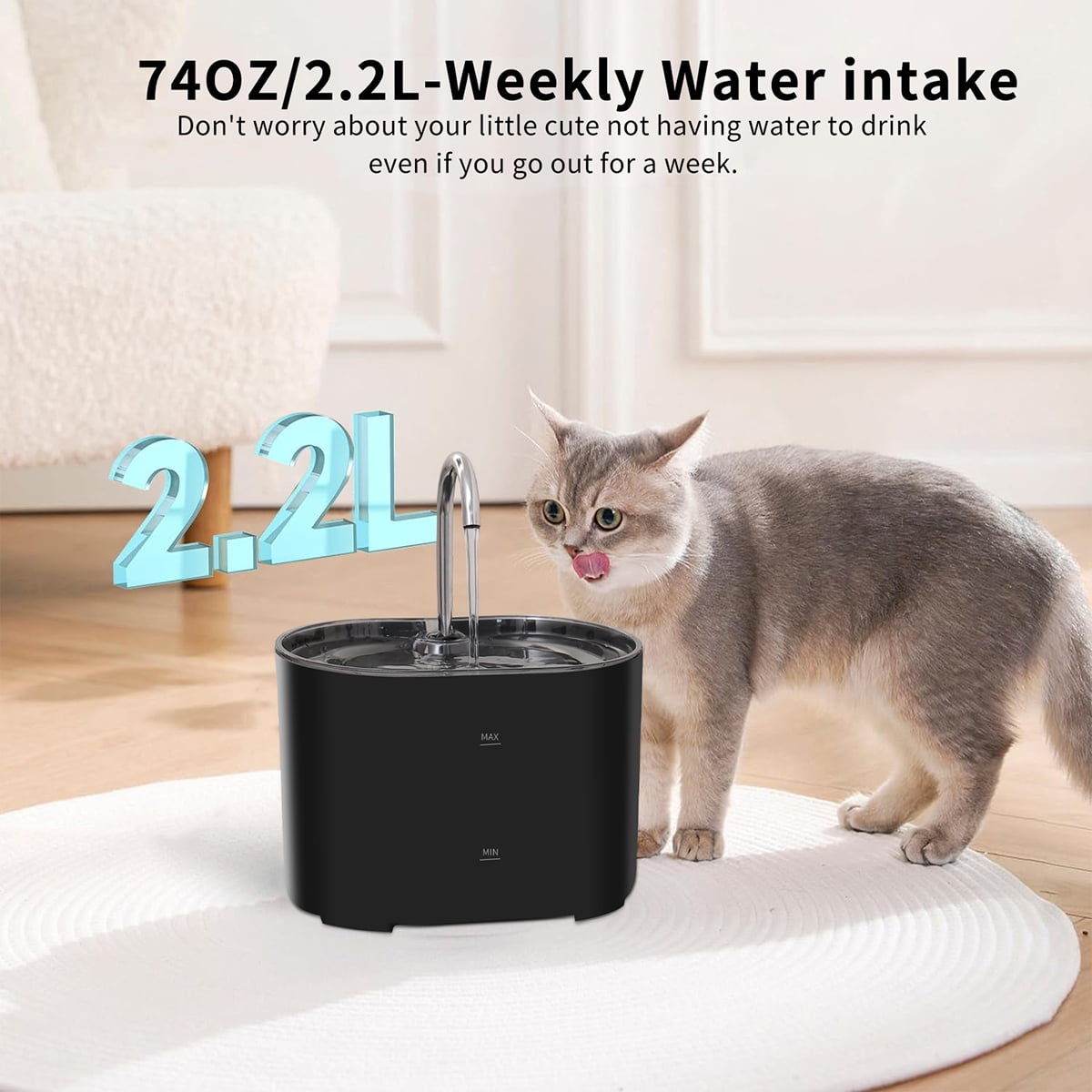 74oz/2.2L Automatic Cat Water Fountain,stainless steel faucet,Ultra-Quiet Pump,Three-Layer Filtration System,Suitable for Cats & Small Dogs Pet Water Dispenser,Black with 4pcs Filters